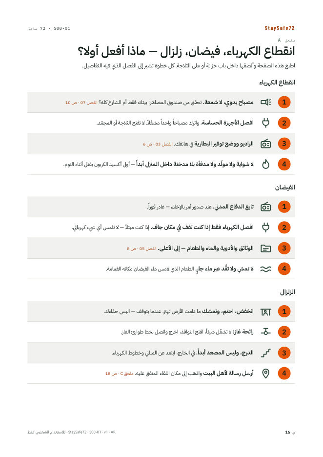 انقطاع الكهرباء، فيضان، زلزال — ماذا أفعل أولا؟