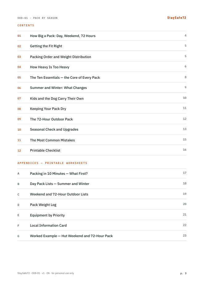 The guide's table of contents page
