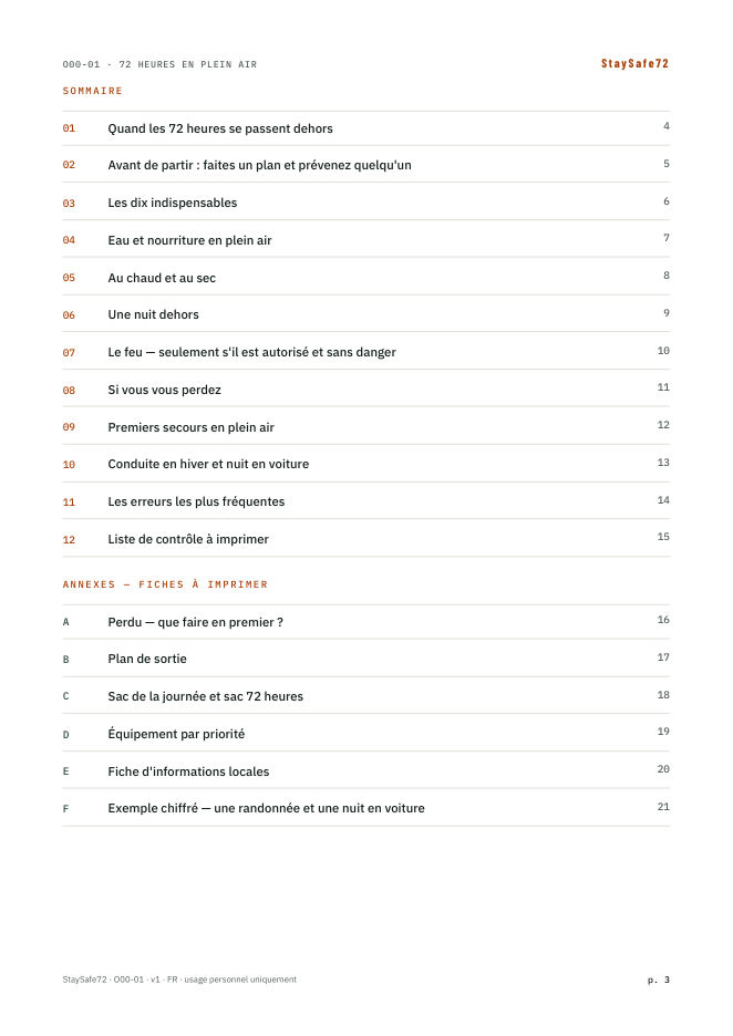 La page de sommaire du guide