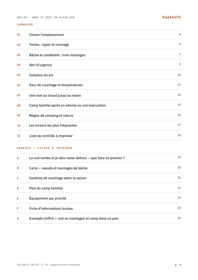 La page de sommaire du guide
