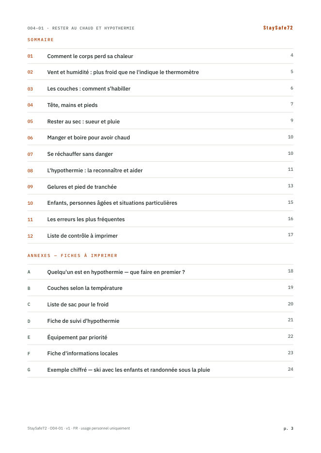 La page de sommaire du guide