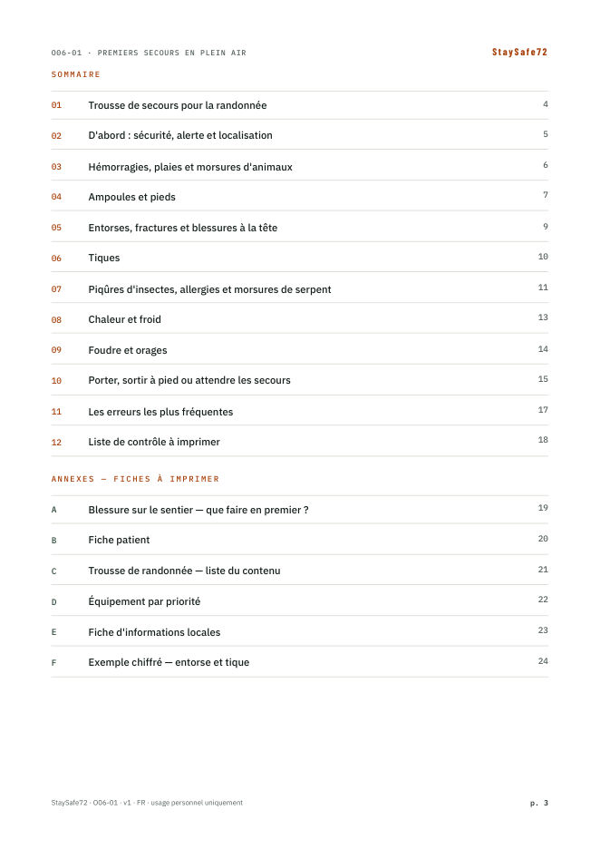 La page de sommaire du guide