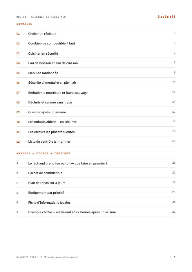 La page de sommaire du guide