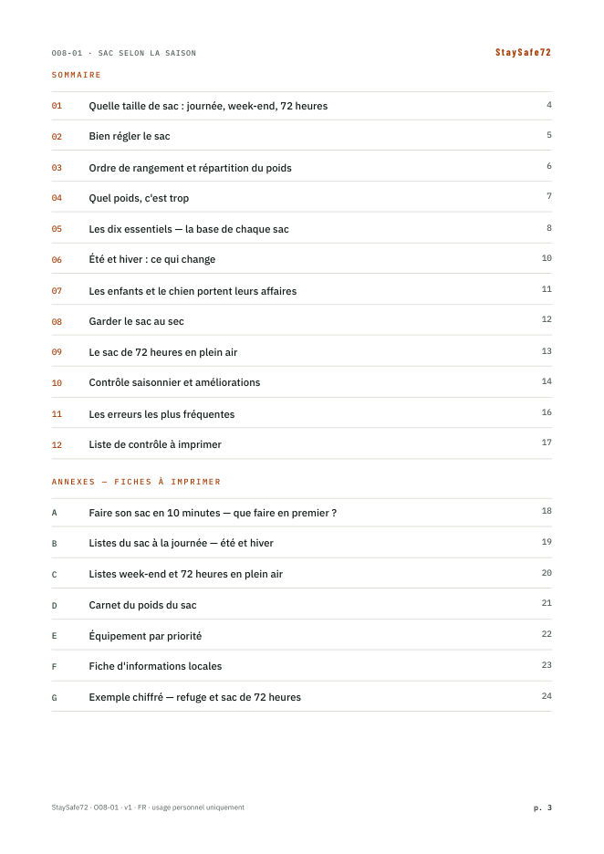 La page de sommaire du guide