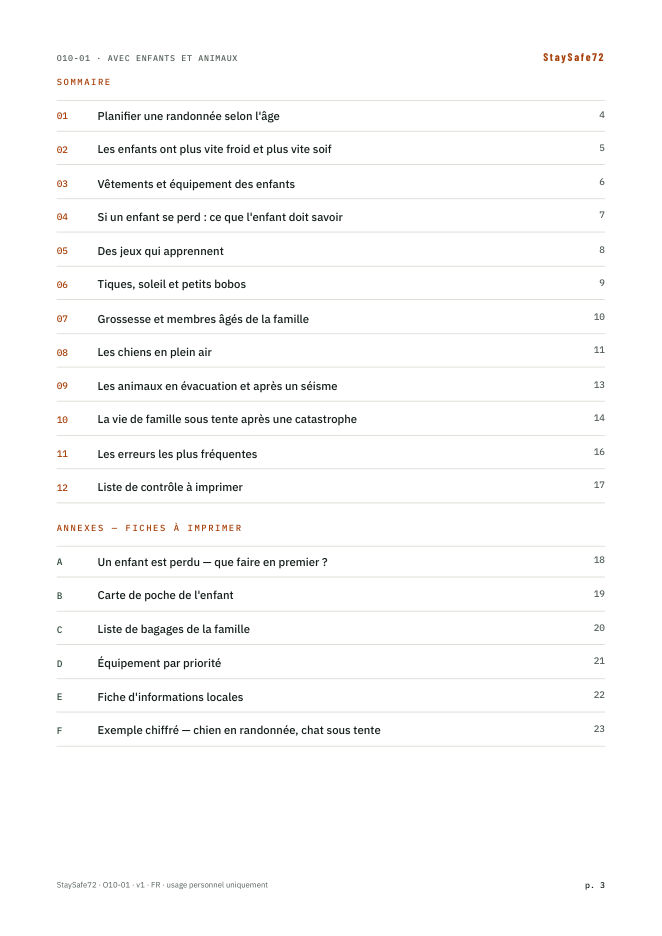 La page de sommaire du guide