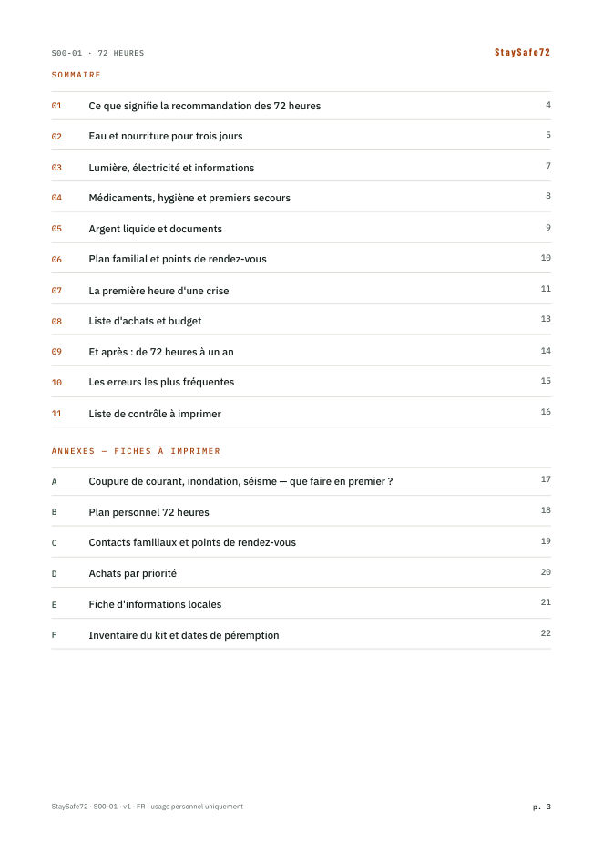 La page de sommaire du guide