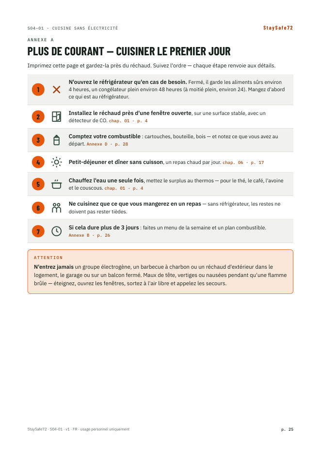Plus de courant — cuisiner le premier jour