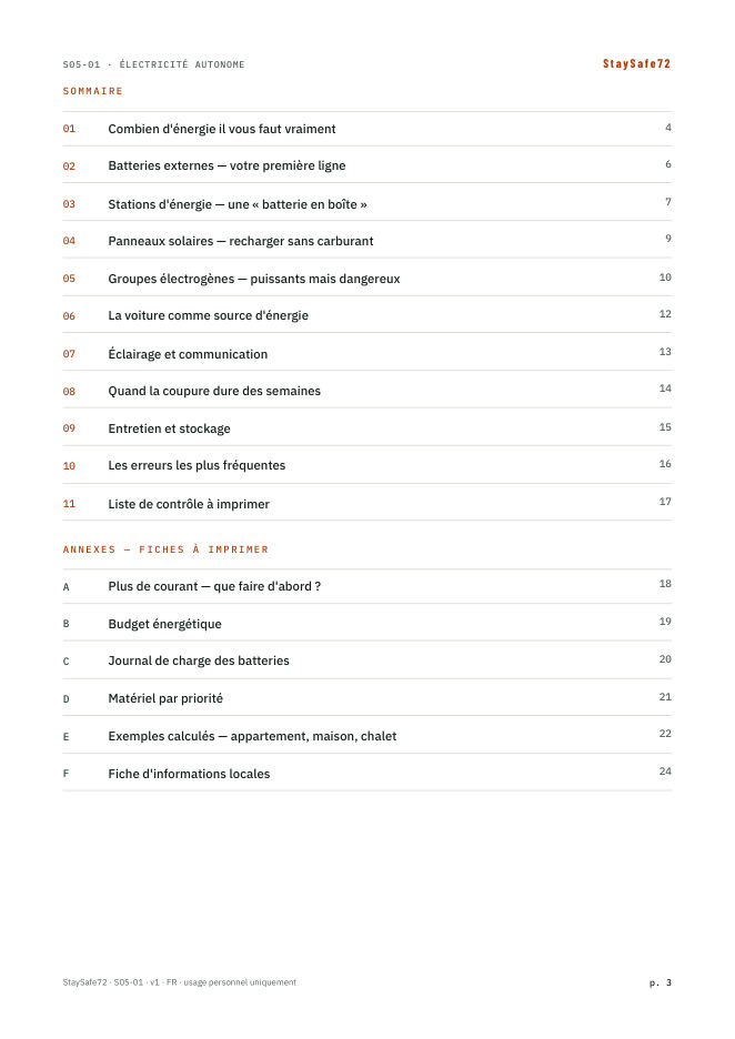 La page de sommaire du guide