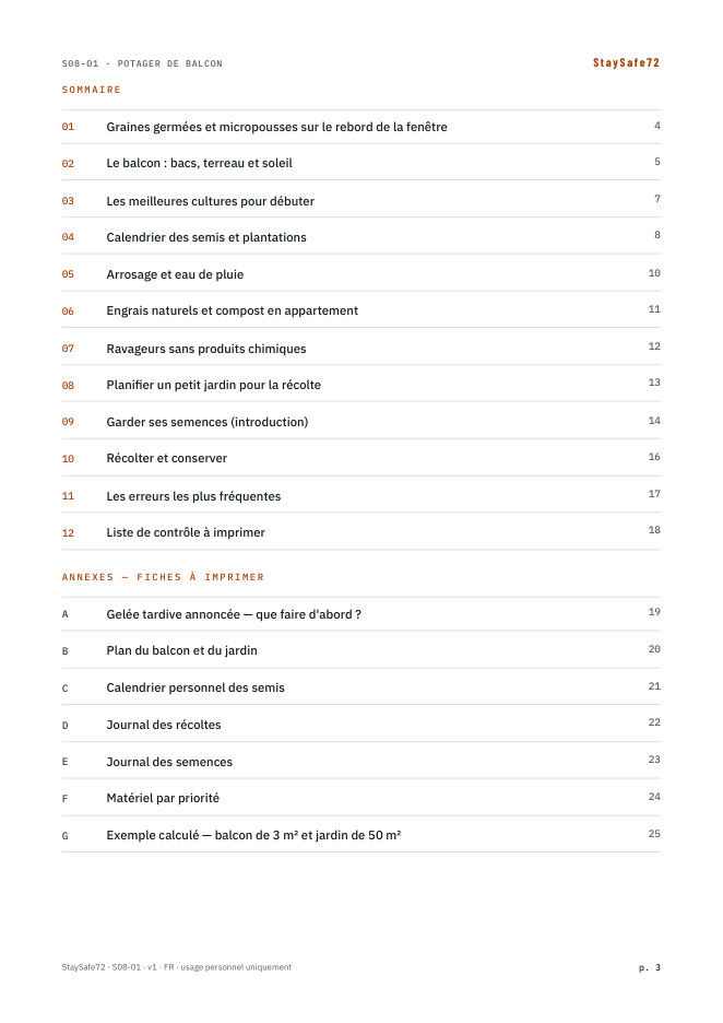 La page de sommaire du guide