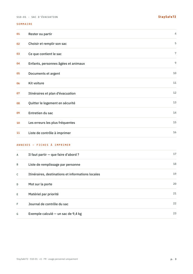 La page de sommaire du guide